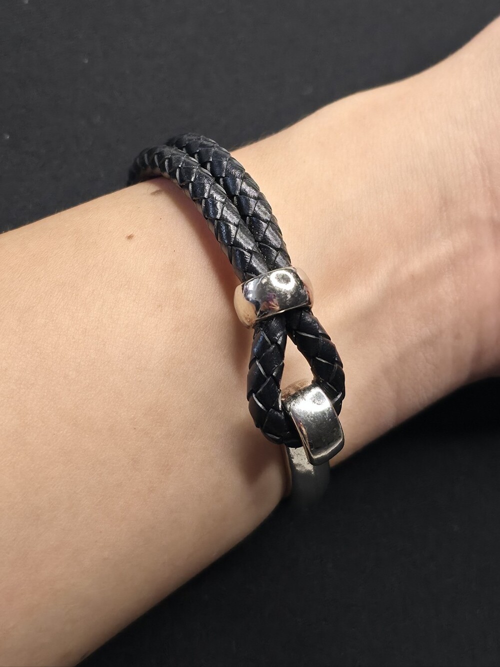 Black Braided Leather Men’s Bracelet with Silver Accent 8"